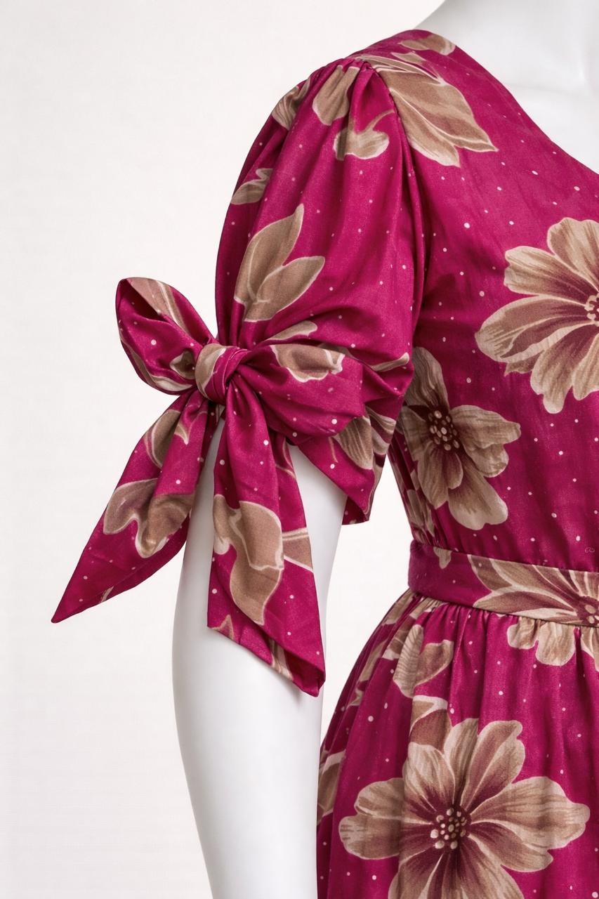 Women's pink floral printed maxi dress with puff sleeves tie up dress