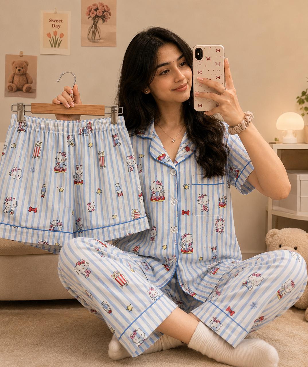 Kitty and Bow Printed Premium 3-Piece Cotton Lounge Set
