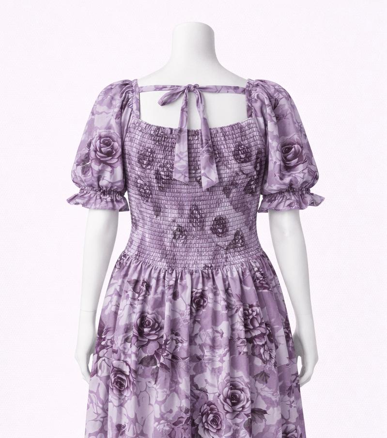 Women's dusty violet printed sundress with puff sleeves