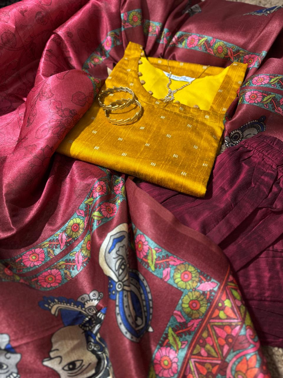 Pure Raw Silk Churidar Set with Kalamkari Dupatta & Pant