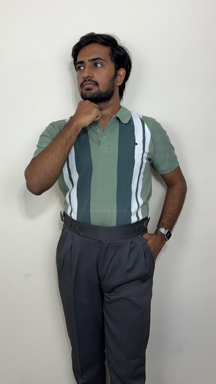 Men’s green Knitted Cotton Polo T-Shirt | Premium Vertical Stripe Polo Tee