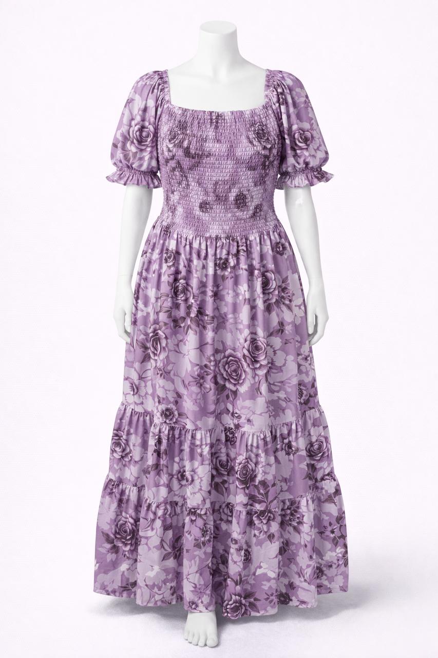 Women's dusty violet printed sundress with puff sleeves
