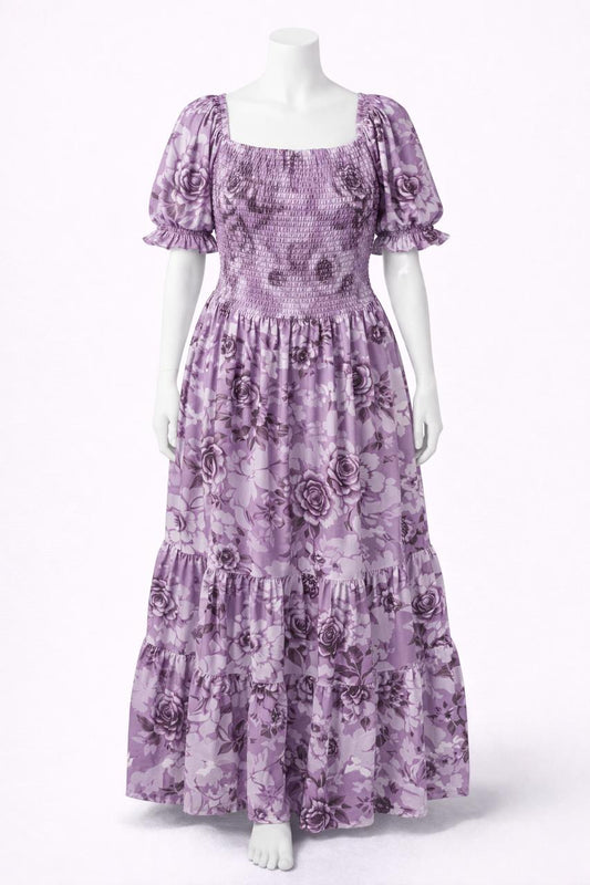 Women's dusty violet printed sundress with puff sleeves