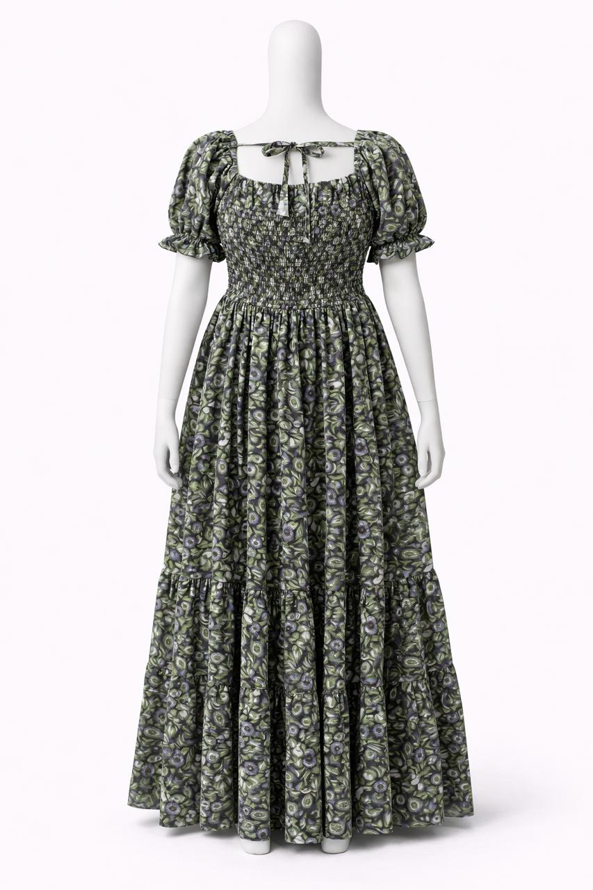 Women's Green printed sundress with puff sleeves