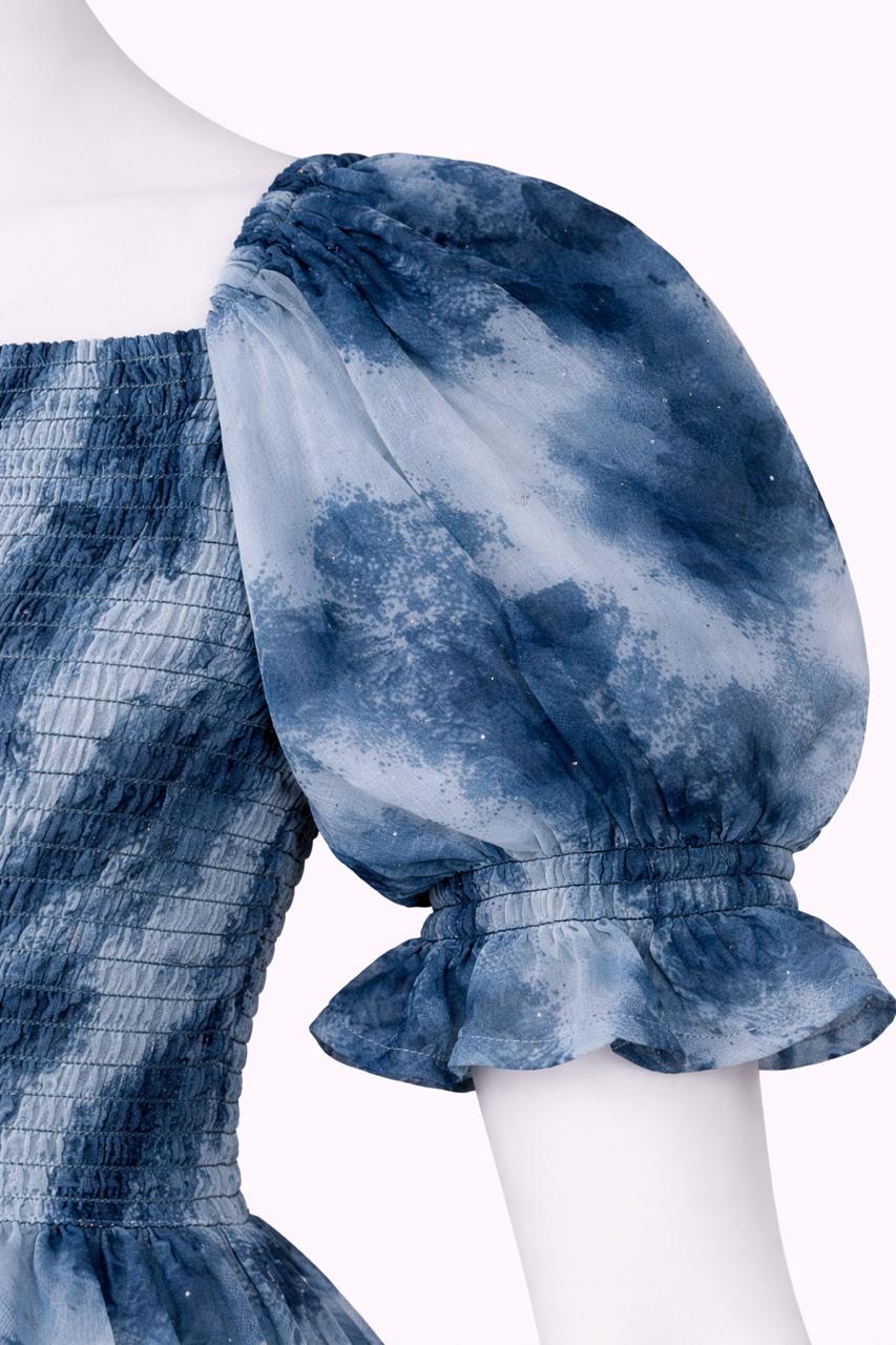 Women's blue floral printed sundress with puff sleeves