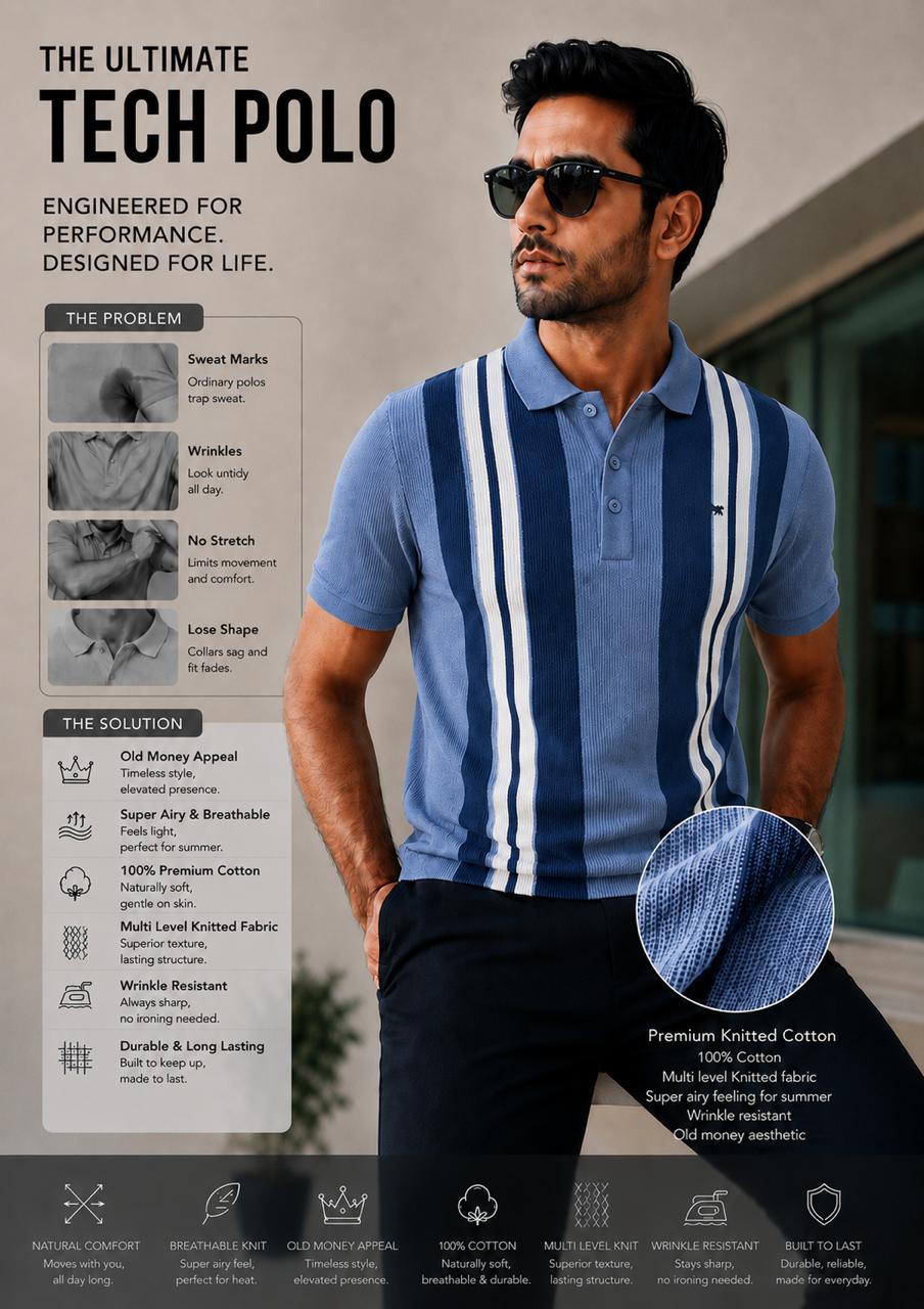 Men’s Indigo Blue Knitted Cotton Polo T-Shirt | Premium Vertical Stripe Polo Tee