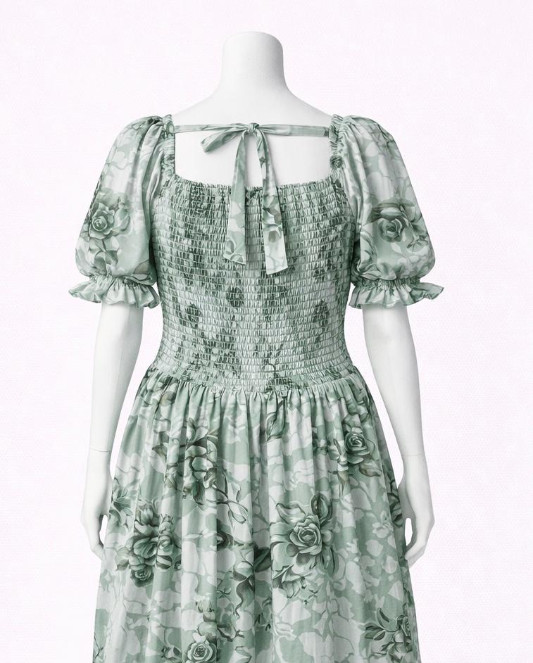 Women's green floral printed sundress with puff sleeves