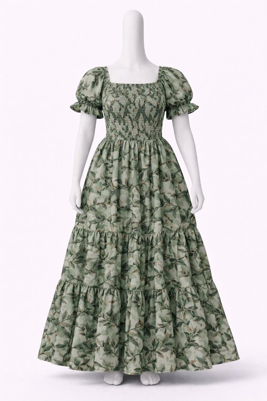 Women's green floral printed sundress with puff sleeves