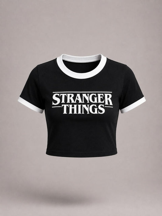 Black printed round neck contrast collar Baby tee | Women's cropped Fit T-shirt