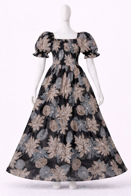 Women's Black floral printed sundress with puff sleeves