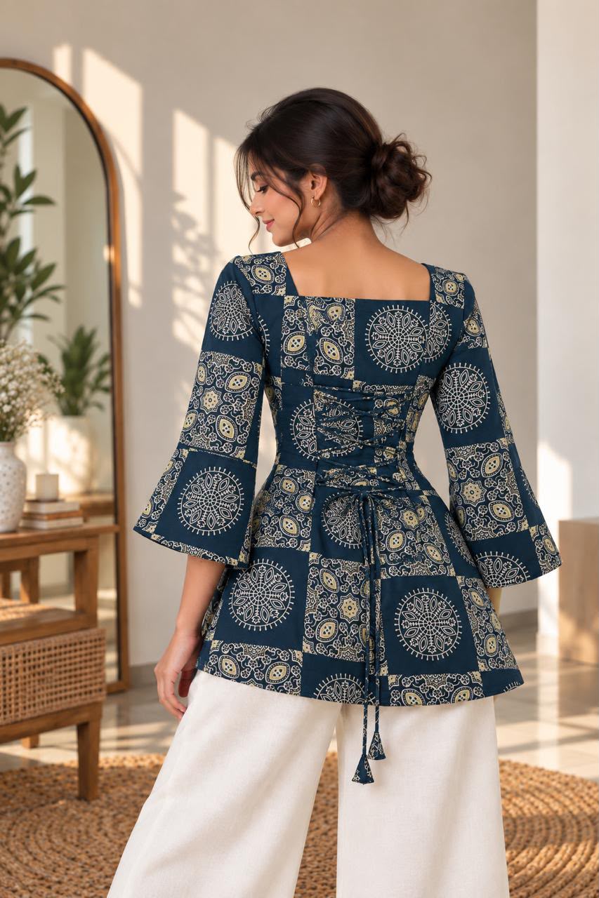 Sapphire blue geometrical Premium 100% Pure Cotton Corset Back Knot Short Kurti | Printed Flared Kurti for Women