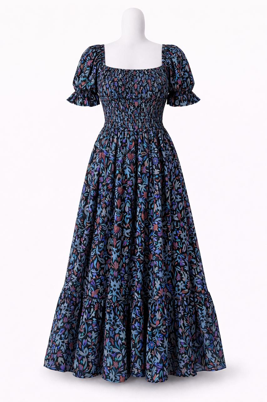 Women's Black with blue printed sundress with puff sleeves