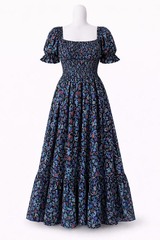 Women's Black with blue printed sundress with puff sleeves