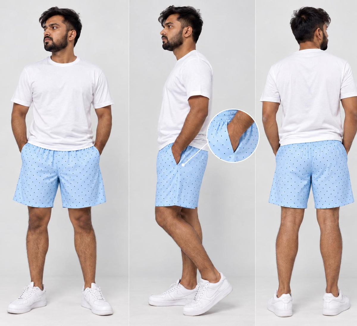 Men’s 100% cotton Polka dot Printed Boxer Shorts | Double side pockets | Sky blue