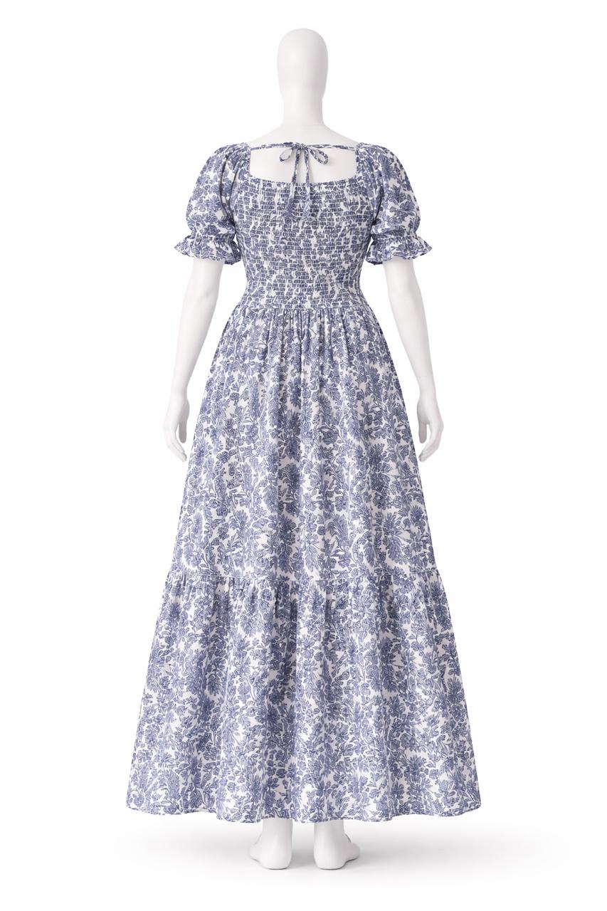 Women's white & blue floral printed sundress with puff sleeves