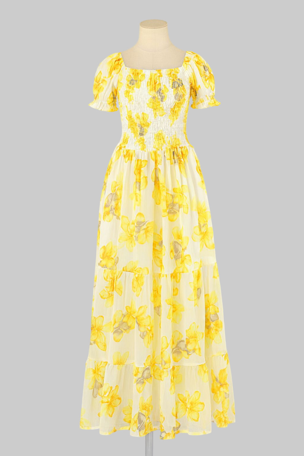 Women's yellow flower printed sundress with puff sleeve