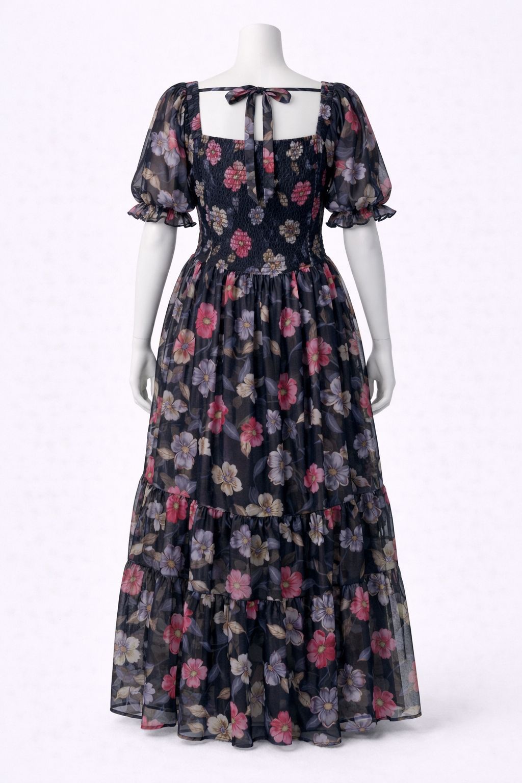 Women's black floral printed sundress with puff sleeve