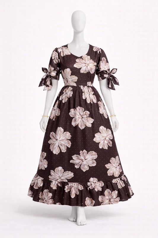 Women's brown floral maxi with puff sleeves tie up dress