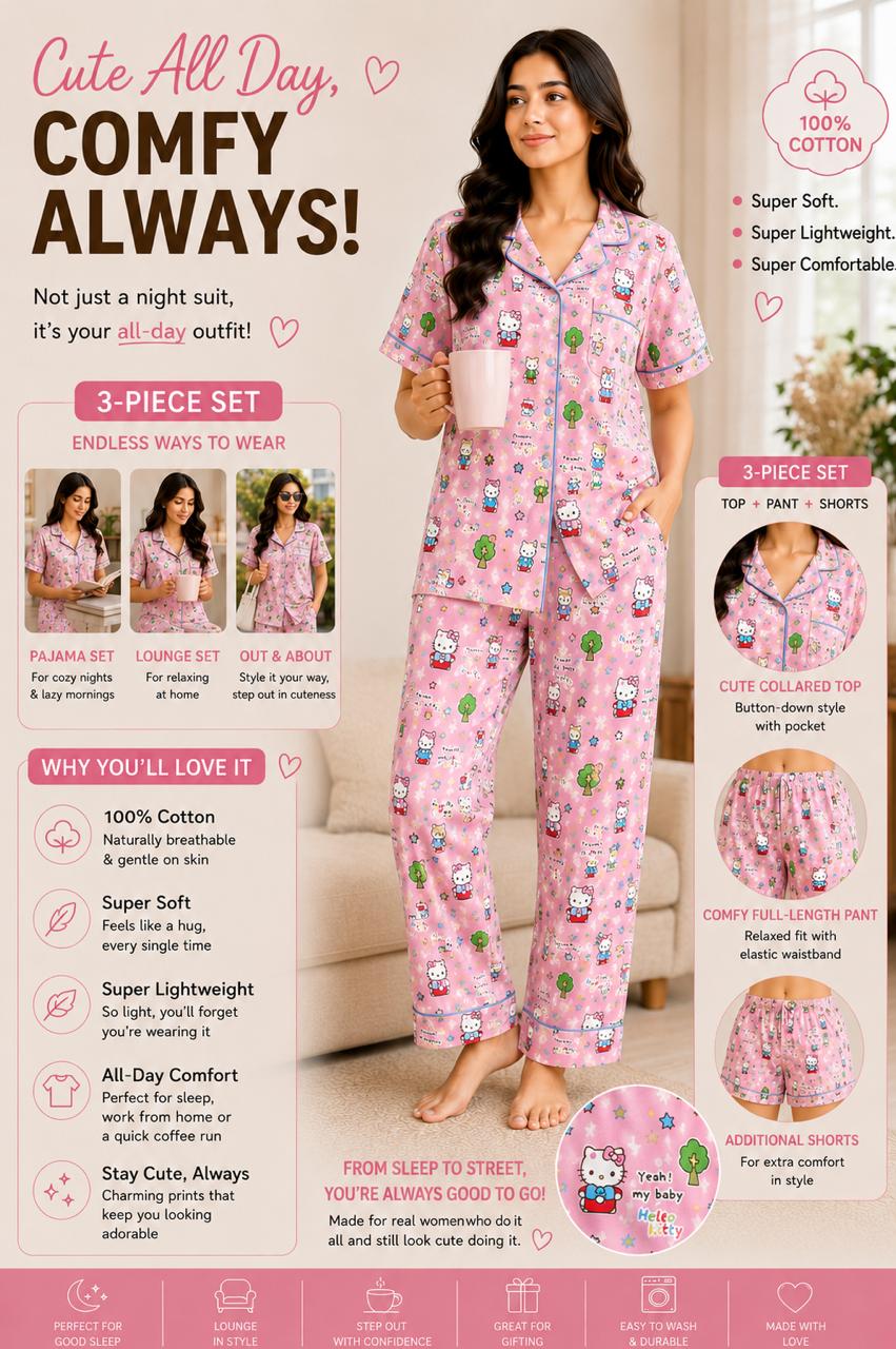 Pink hello kitty printed Premium 3-Piece Cotton Lounge Set