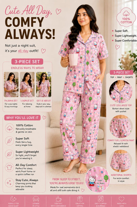 Pink hello kitty printed Premium 3-Piece Cotton Lounge Set
