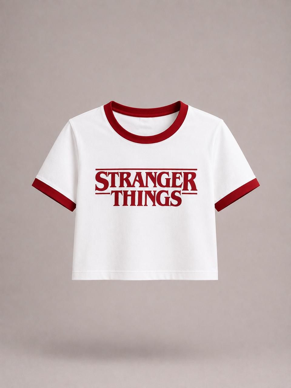 White printed round neck  contrast collar Baby tee | Women's cropped Fit T-shirt