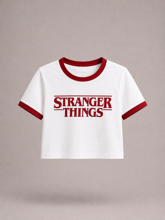 White printed round neck  contrast collar Baby tee | Women's cropped Fit T-shirt