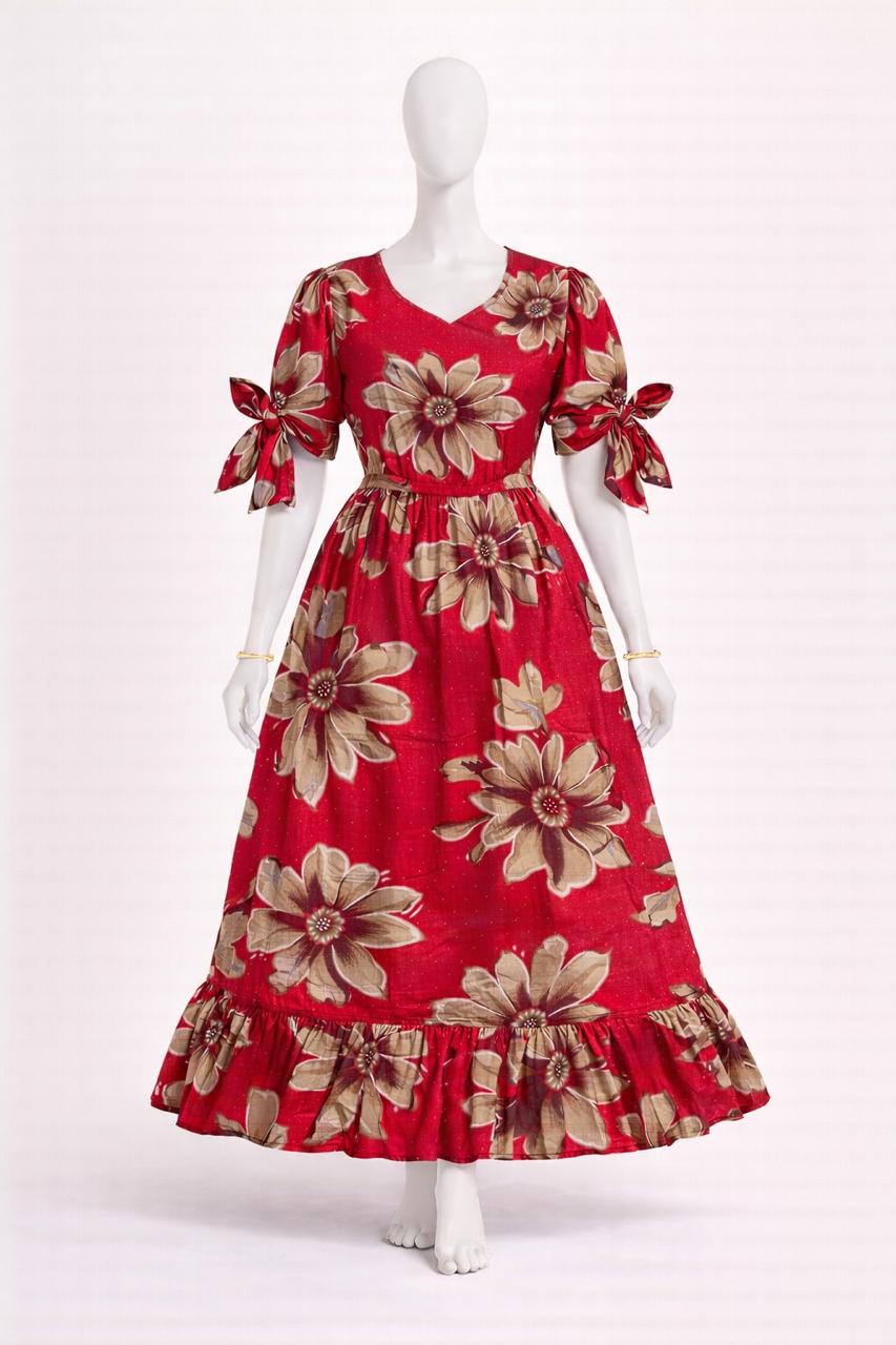 Women's red floral maxi with puff sleeves tie up dress