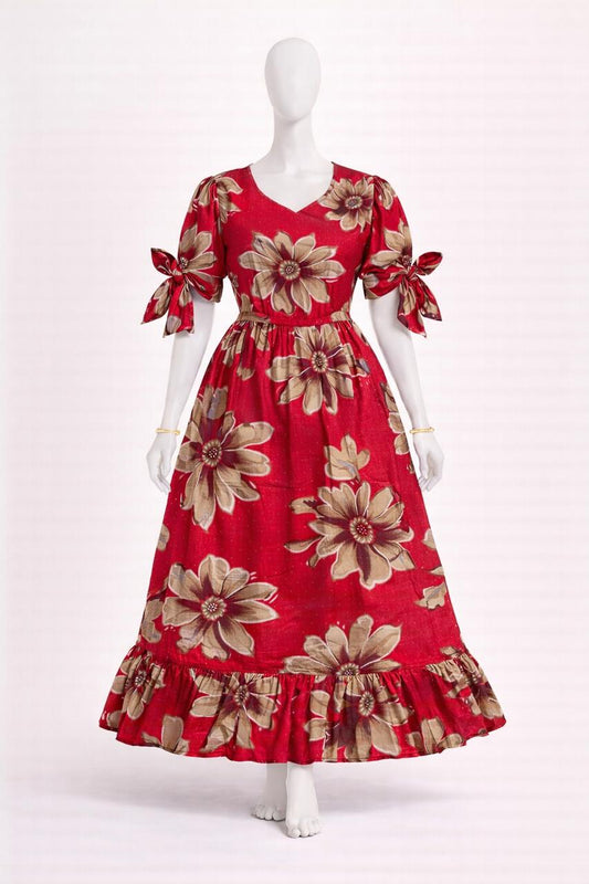 Women's red floral maxi with puff sleeves tie up dress