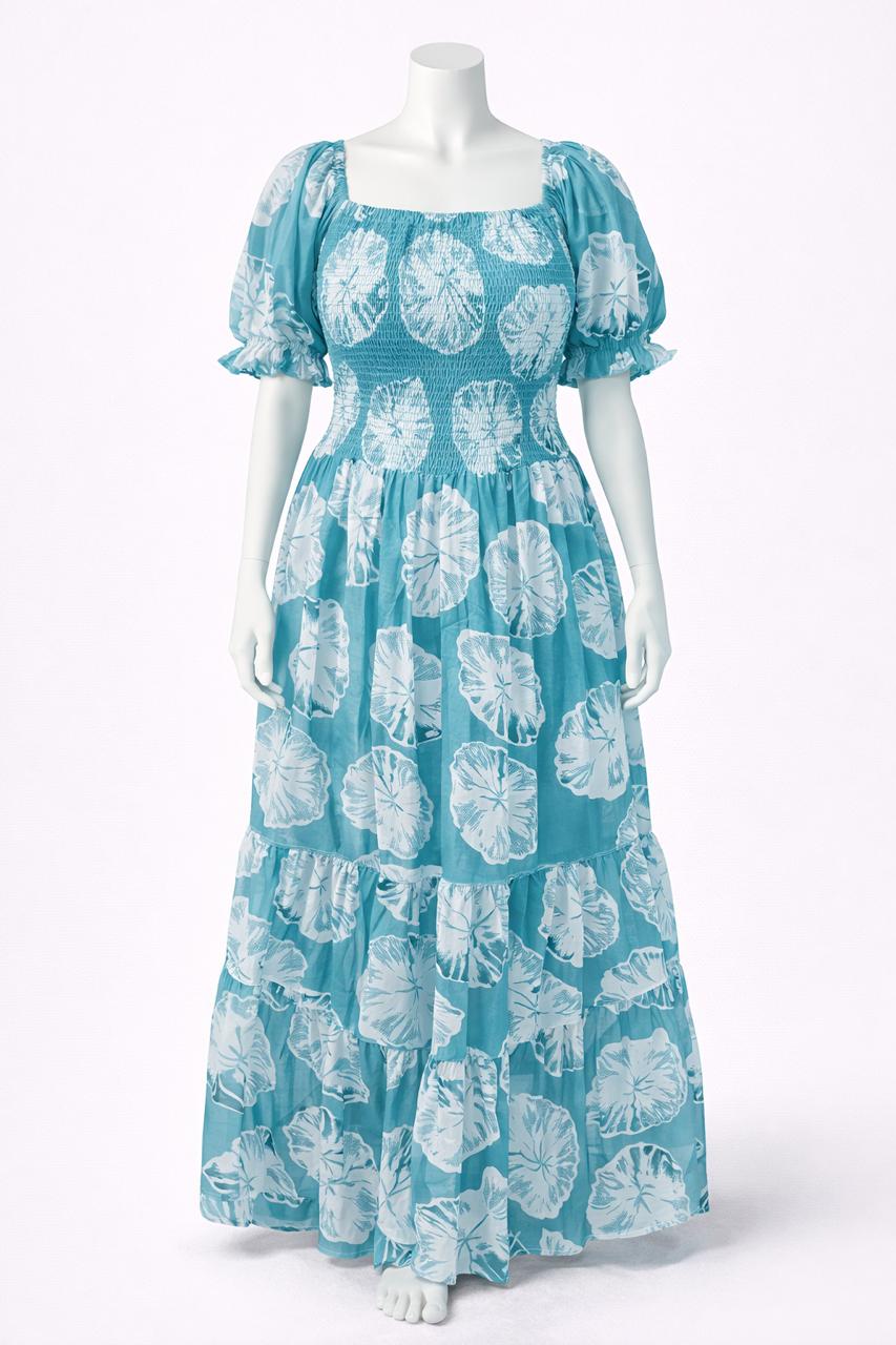 Women's light blue printed sundress with puff sleeves