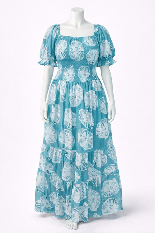 Women's light blue printed sundress with puff sleeves