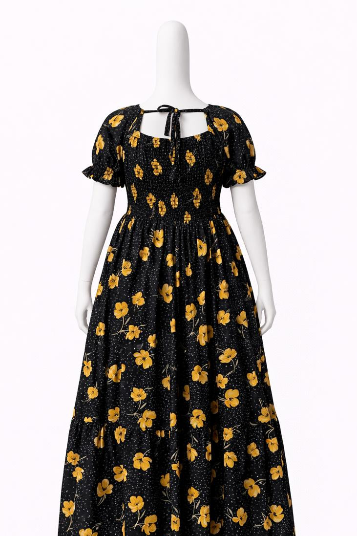 Women's Black & orange printed sundress with puff sleeves