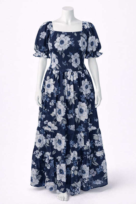 Women's Navy blue floral printed sundress with puff sleeves