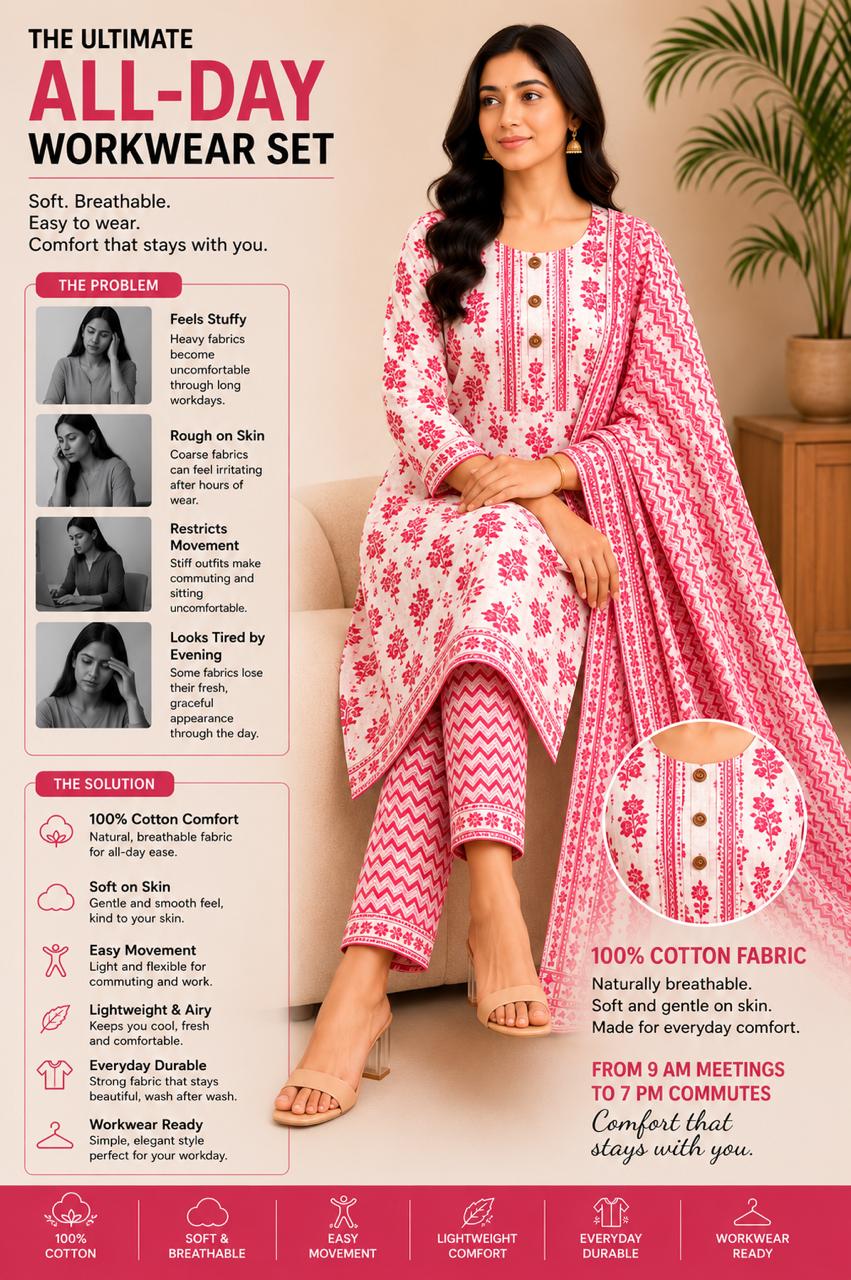 Stylish printed cotton Kurta set with neck embroidery