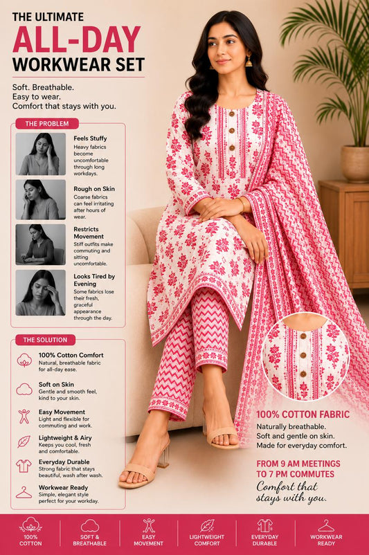 Stylish printed cotton Kurta set with neck embroidery