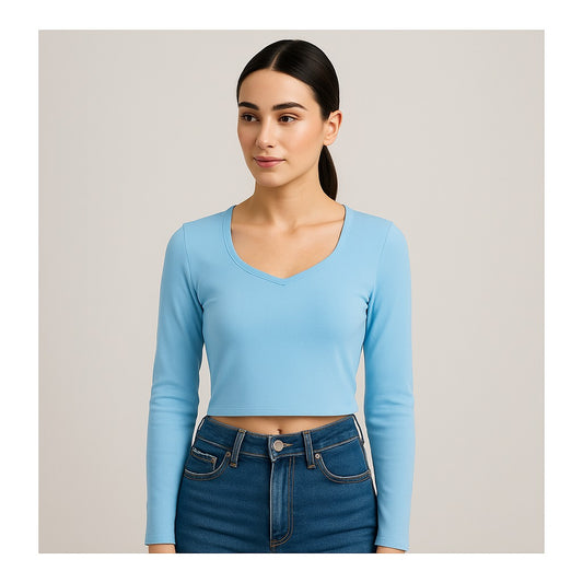 Stylish blue knitted crop top | full sleeve