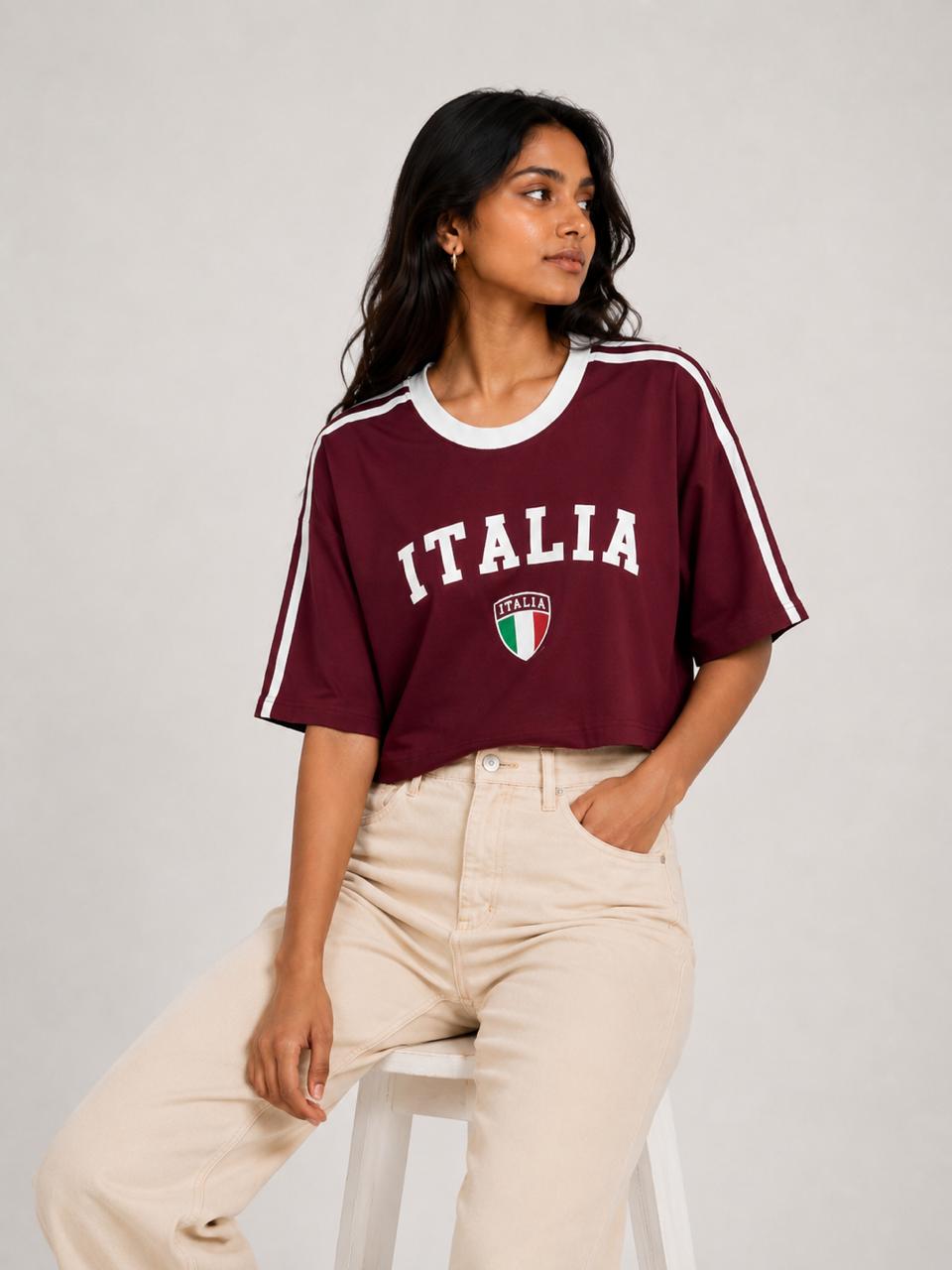 Italia contrast collar oversized tee | Women's cropped Fit T-shirt