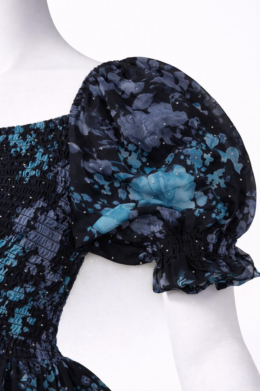 Women's Black & blue floral printed maxi dress with puff sleeves