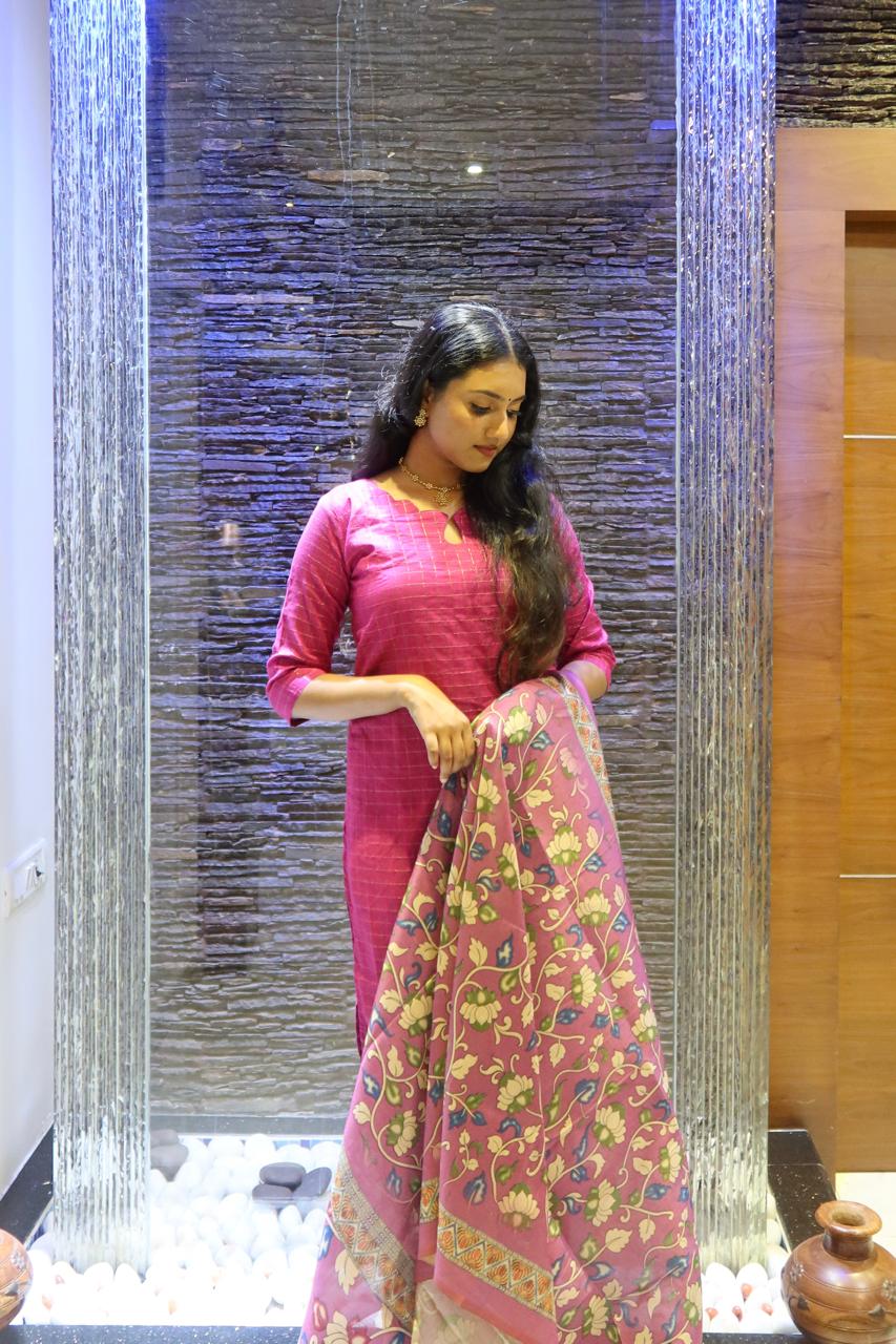 Pure Raw Silk Churidar Set with Kalamkari Dupatta & Pant