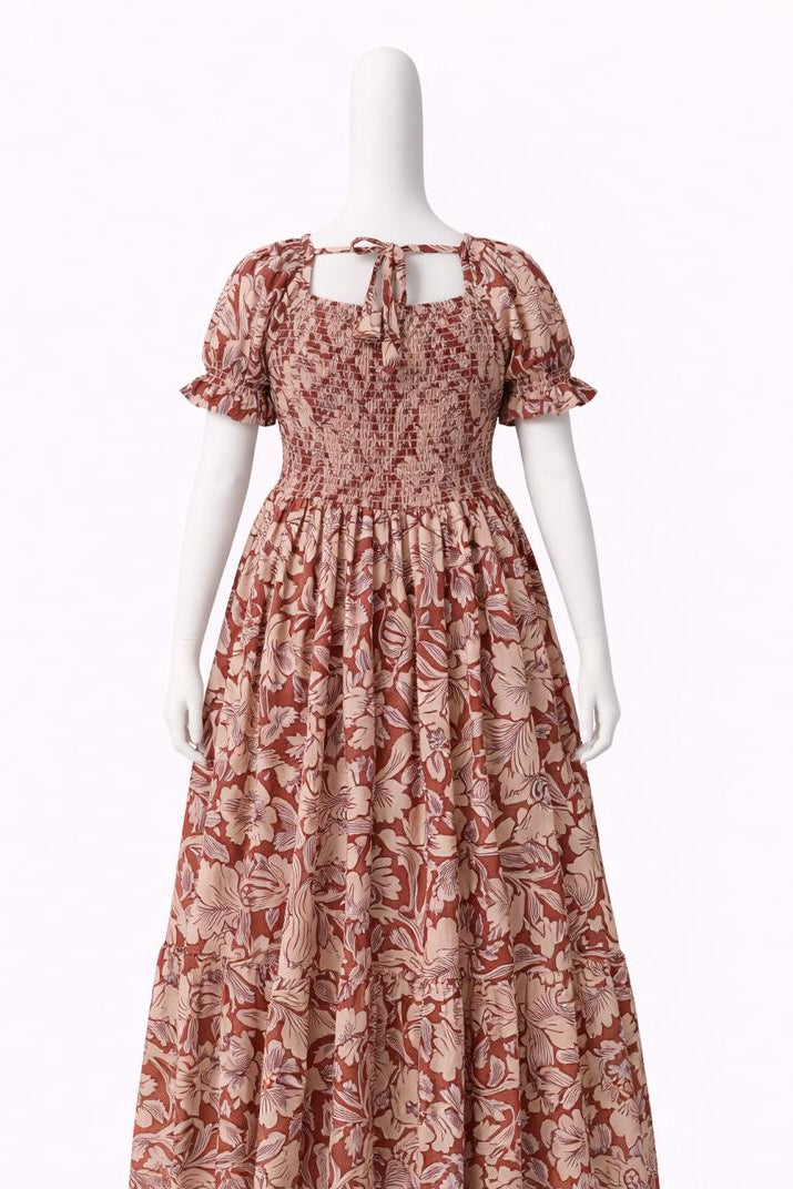 Women's Red printed sundress with puff sleeves