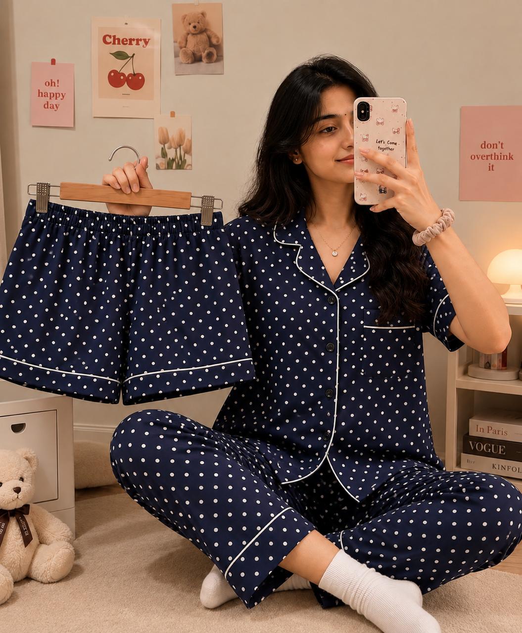 Women's Polka dot Printed Premium 3-Piece Cotton Lounge Set