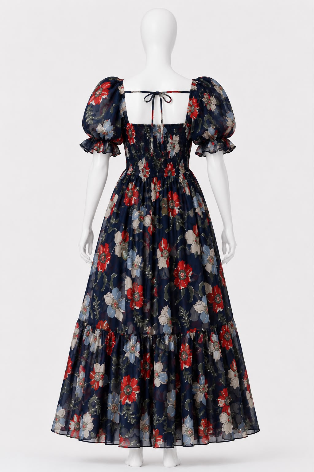 Women's navy blue  floral printed sundress with puff sleeves