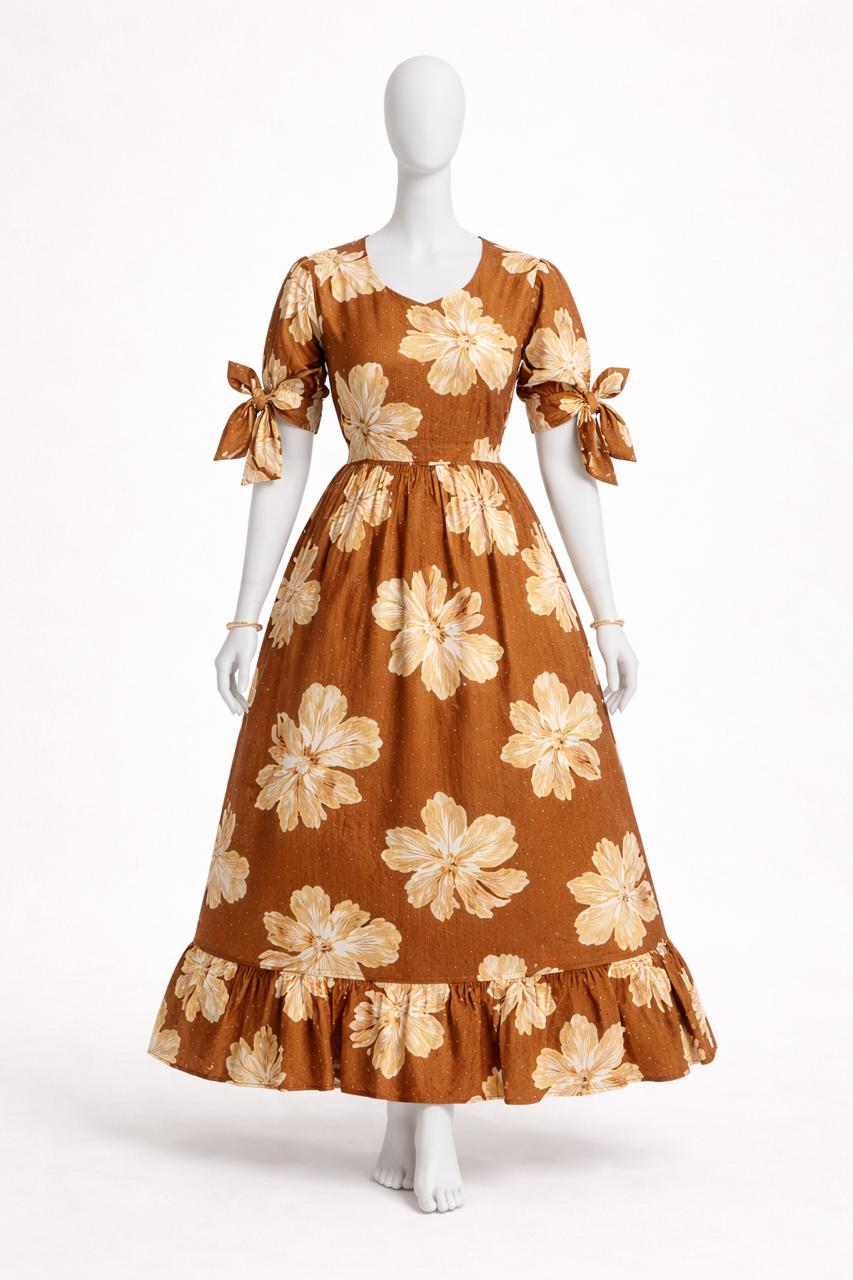 Women's Carmel brown floral maxi with puff sleeves tie up dress