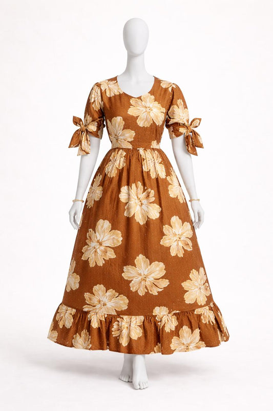 Women's Carmel brown floral maxi with puff sleeves tie up dress