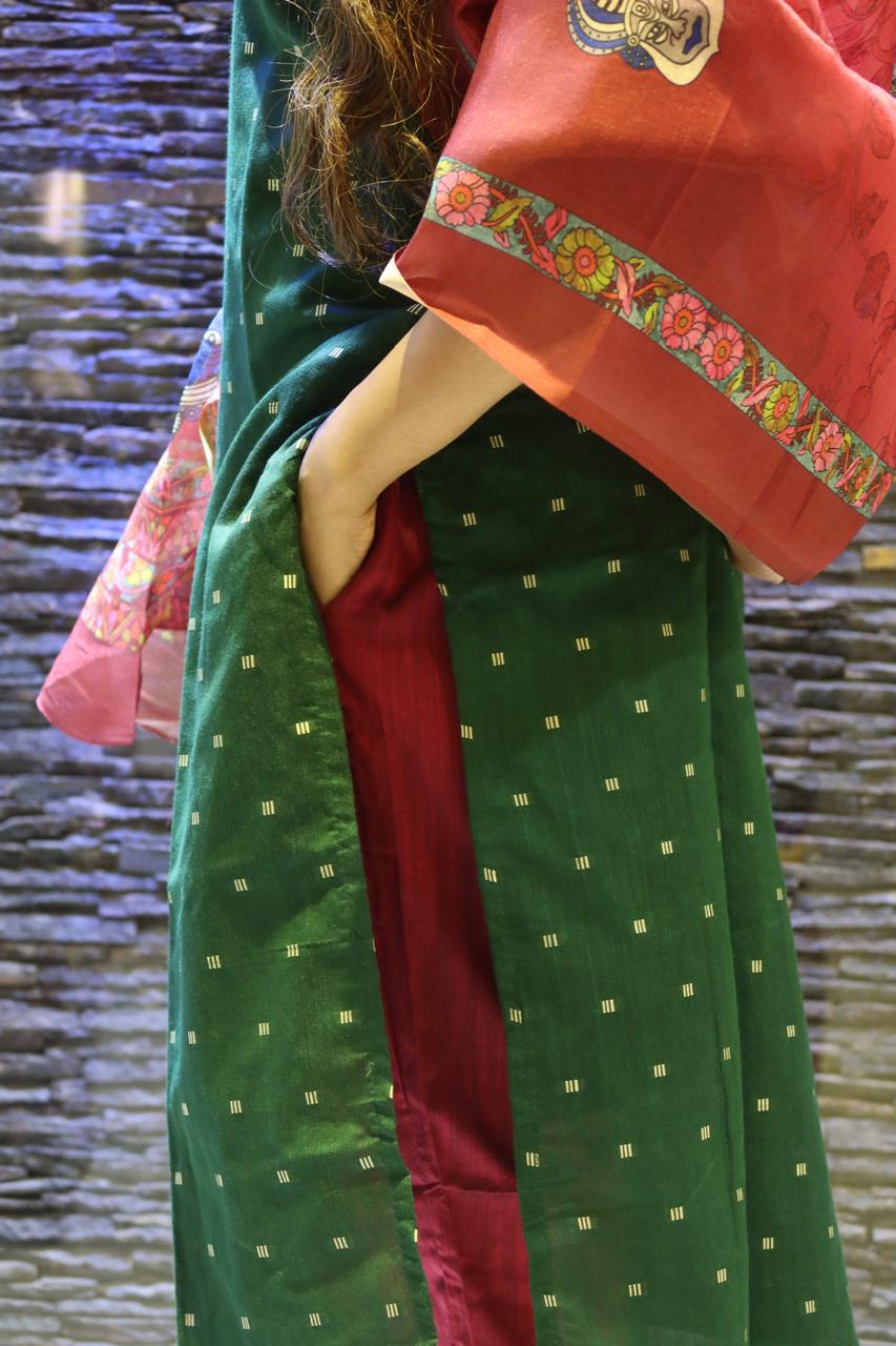 Pure Raw Silk Churidar Set with Kalamkari Dupatta & Pant