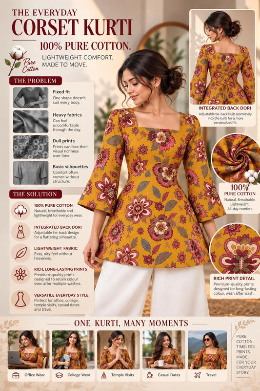 Saffron gold floral printed Premium 100% Pure Cotton Corset Back Knot Short Kurti | Printed Flared Kurti for Women