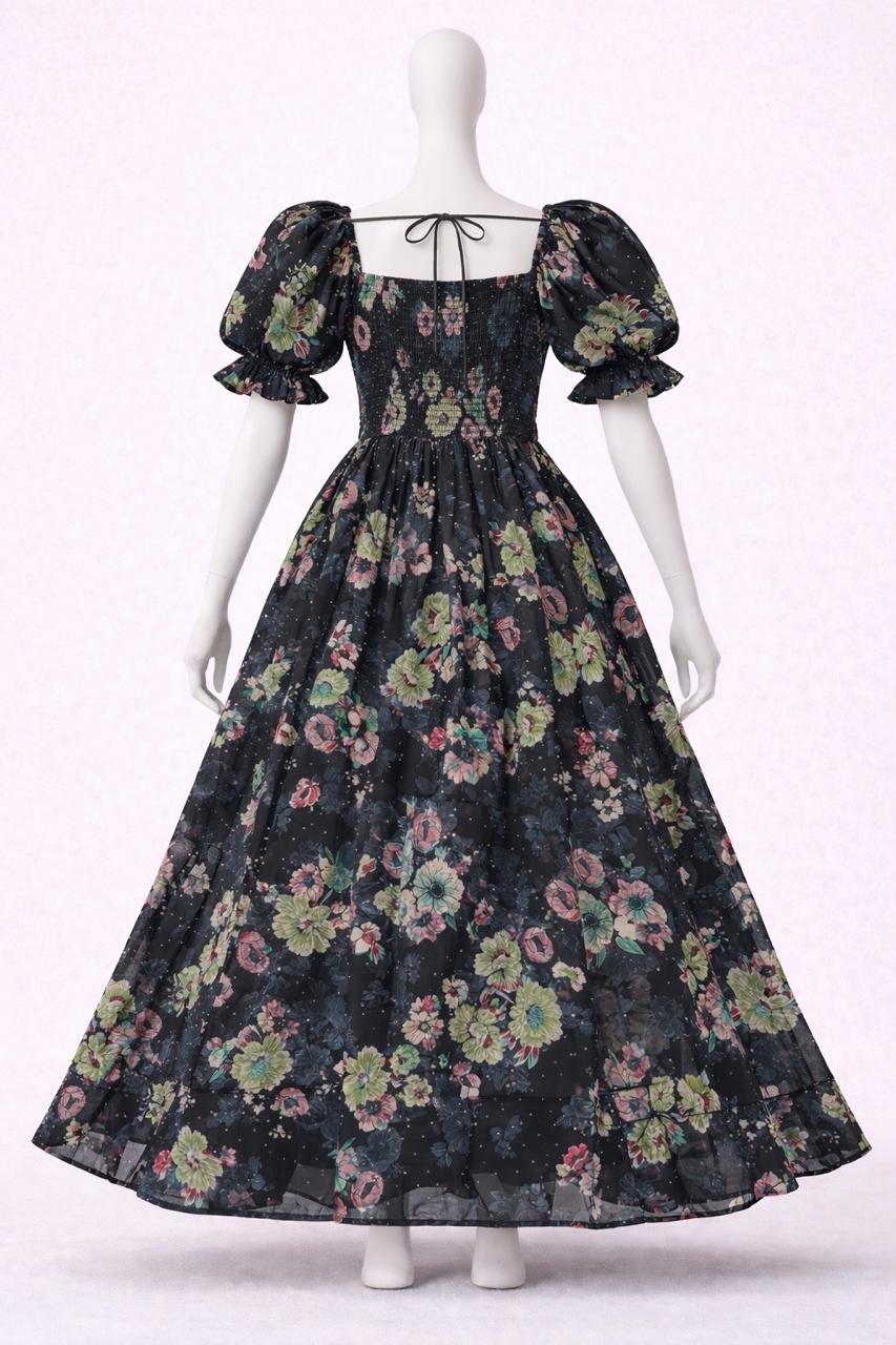 Women's Black floral printed sundress with puff sleeves