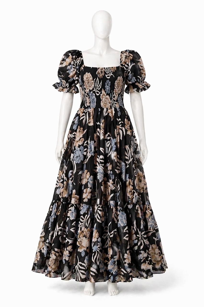Women's Black printed sundress with puff sleeves