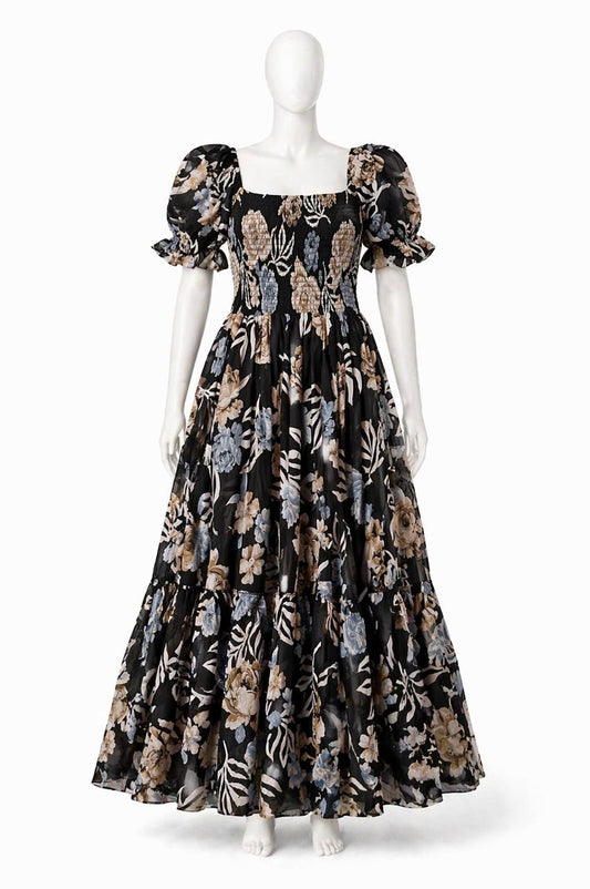 Women's Black printed sundress with puff sleeves