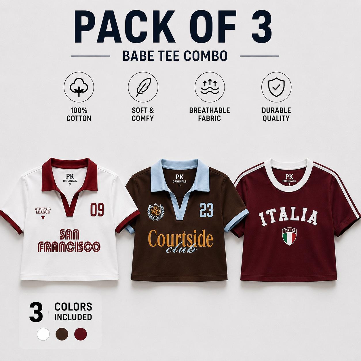 Pack of 3 t-shirts contrast collar Baby tee | Women's cropped Fit T-shirt