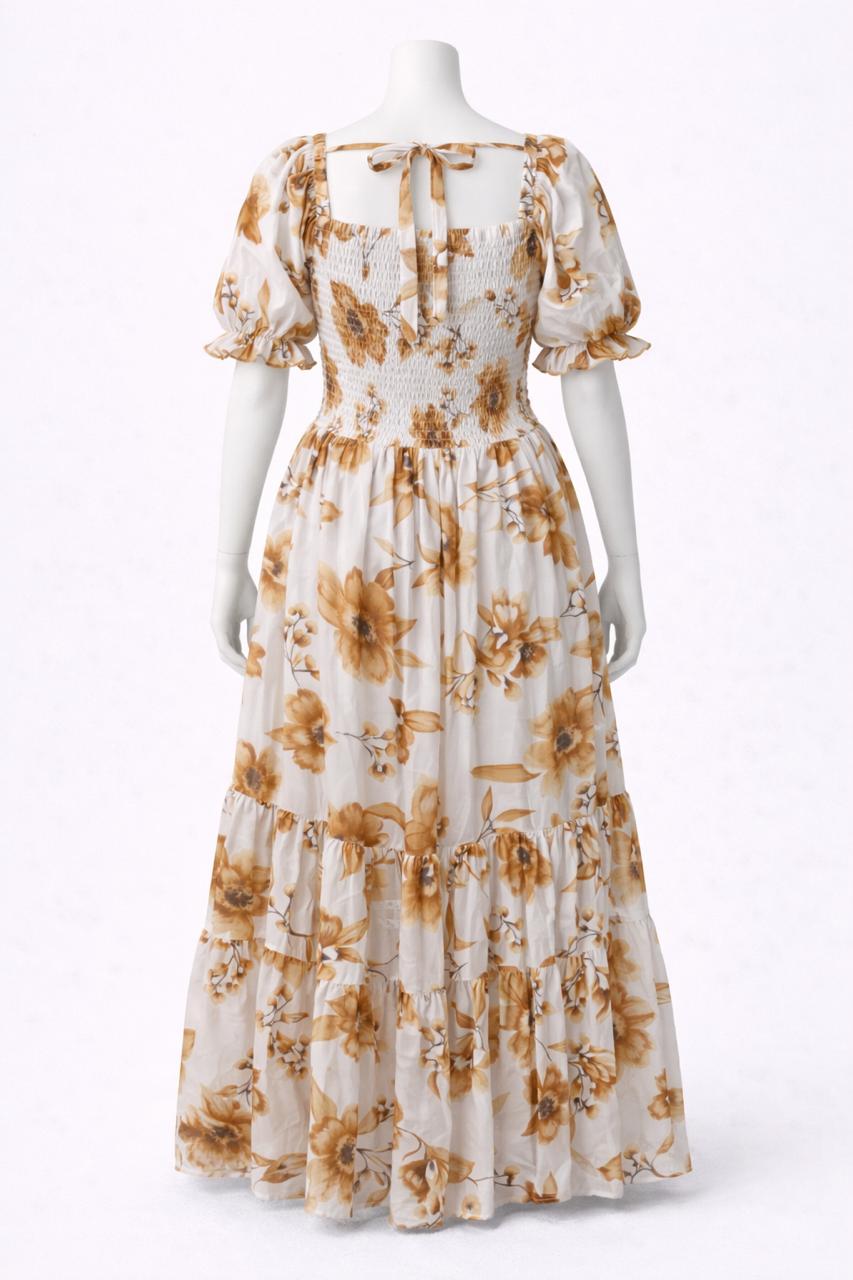 Women's white & yellow flower printed sundress with puff sleeve